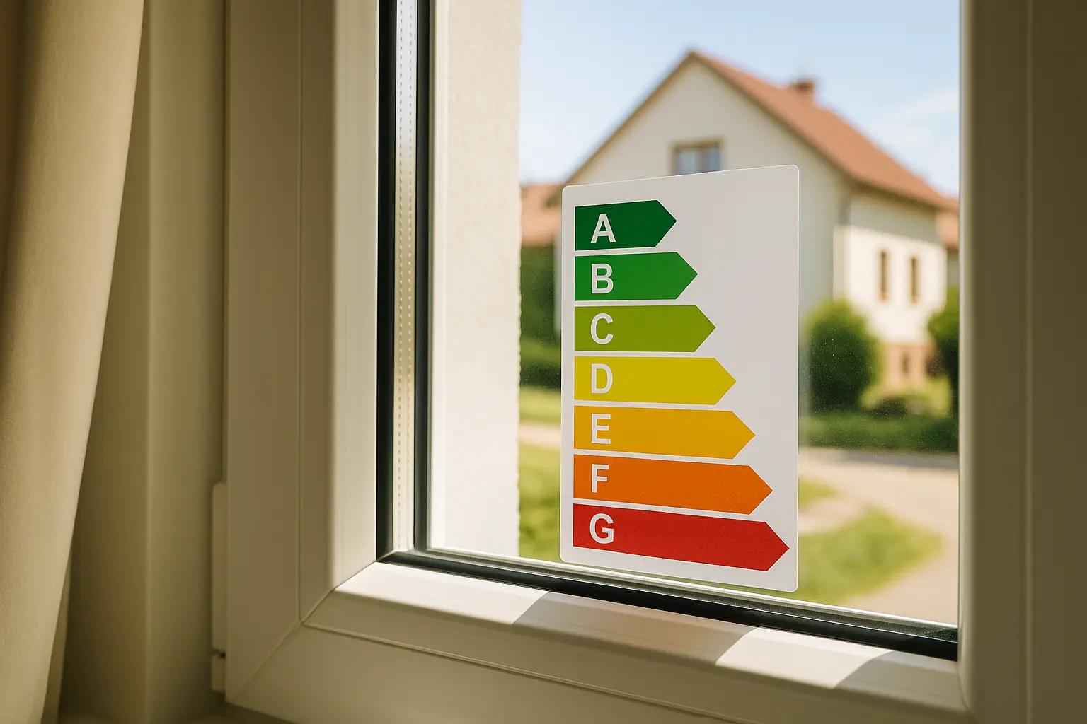 Etiqueta del certificado de eficiencia energética visible desde el interior de una vivienda española, con luz natural – Cinergia