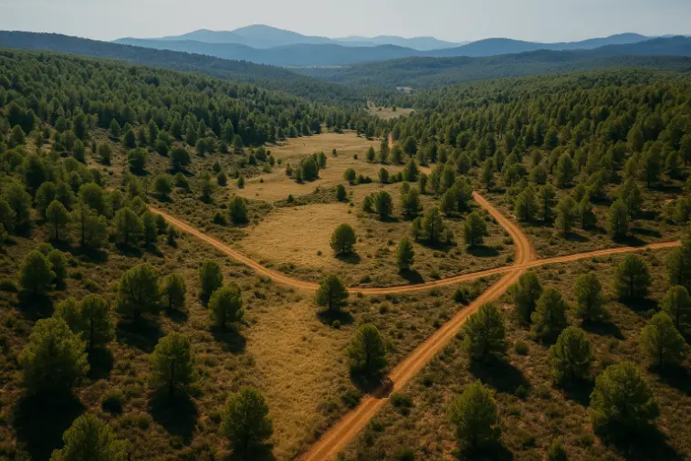 Vista aérea de coto de caza con caminos y monte abierto en entorno mediterráneo gestionado por Cinergia