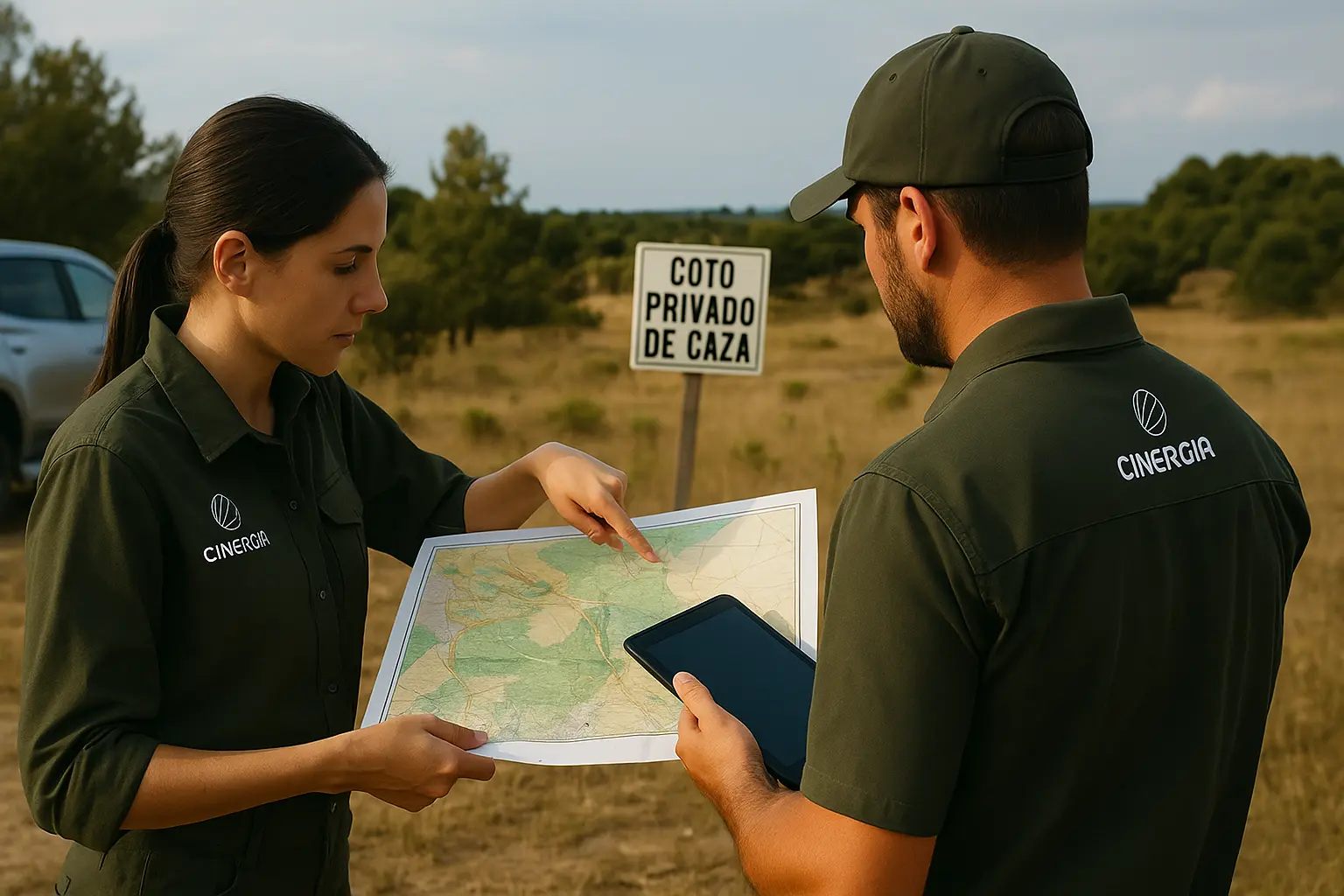 Técnicos de Cinergia señalando un mapa de coto en el campo junto a señal de coto privado de caza