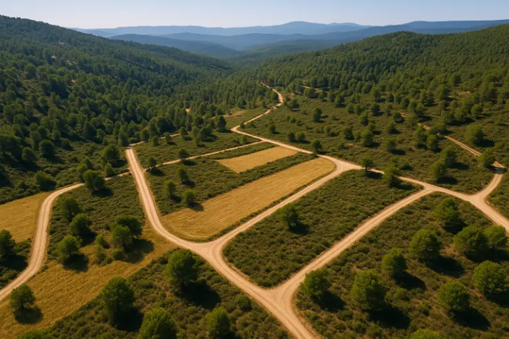 Vista aérea de monte mediterráneo ordenado con caminos forestales y zonas de cortafuegos – Cinergia