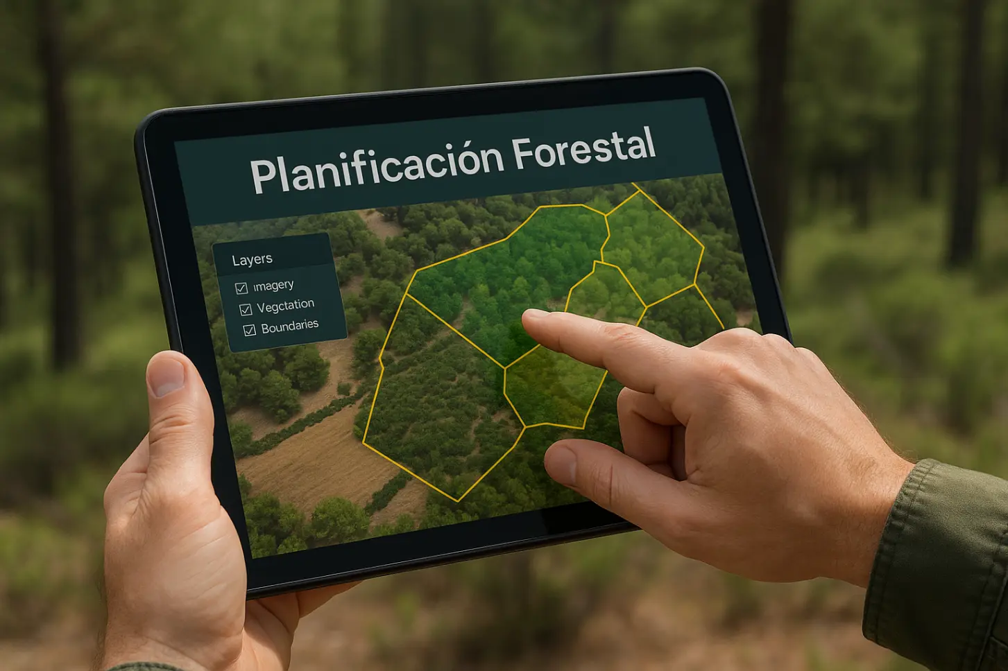 Tablet con visor SIG mostrando zonas forestales en un plan de ordenación de montes
