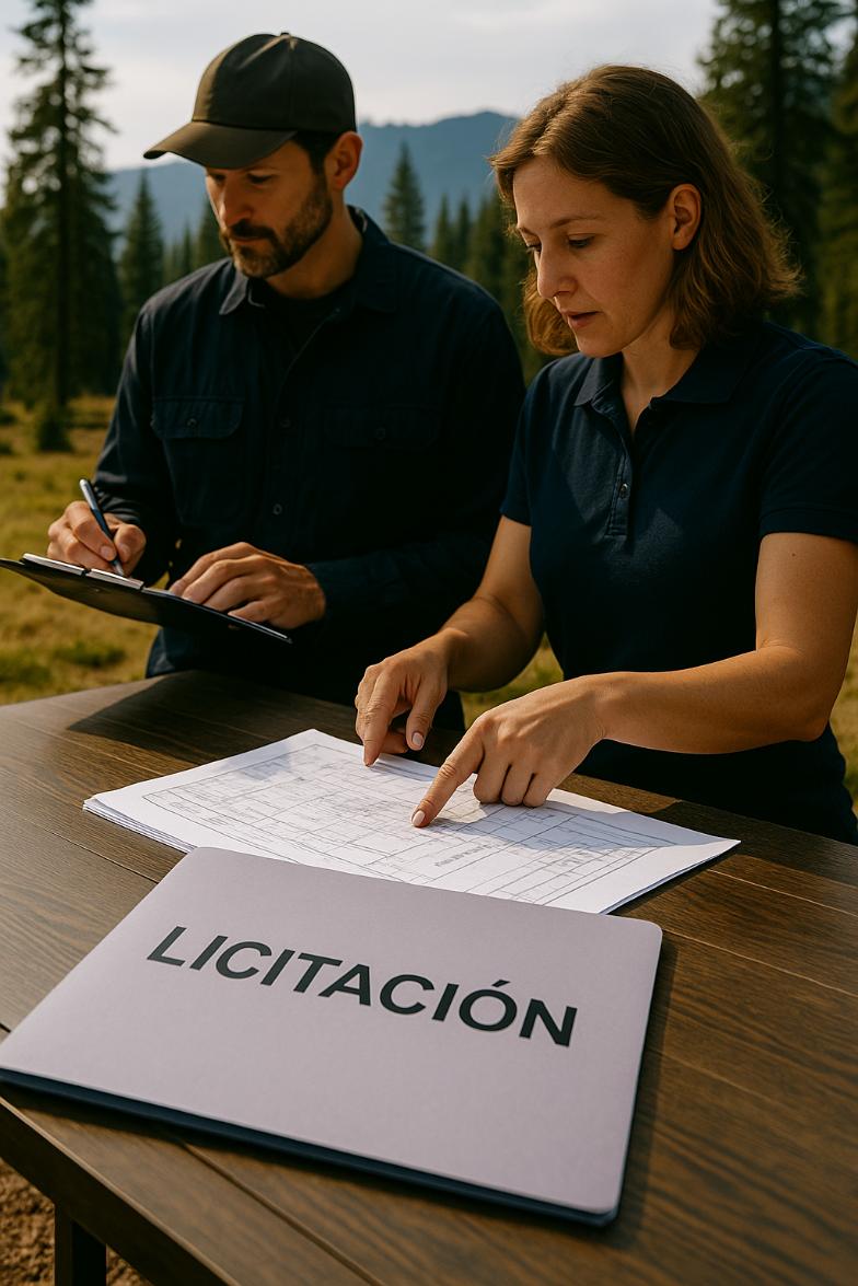 Técnicos de Cinergia revisando documentación técnica sobre licitaciones públicas en campo, con fondo natural. Cinergia expertos en servicios forestales y cinegéticos