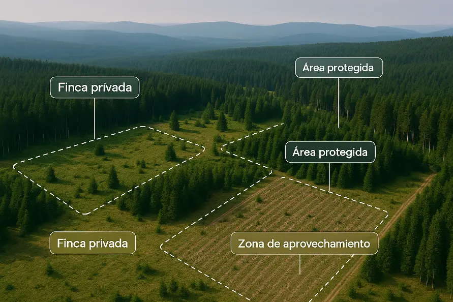 Vista aérea de monte con zonas delimitadas para ordenación de montes: finca privada, área protegida y zona de aprovechamiento