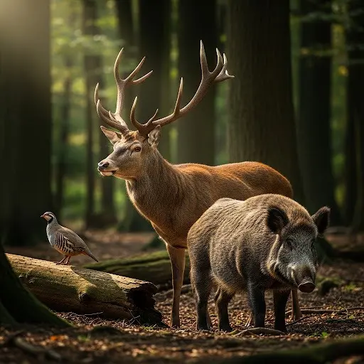 Ciervo, jabalí y perdiz roja animales típicos de los cotos de caza de España